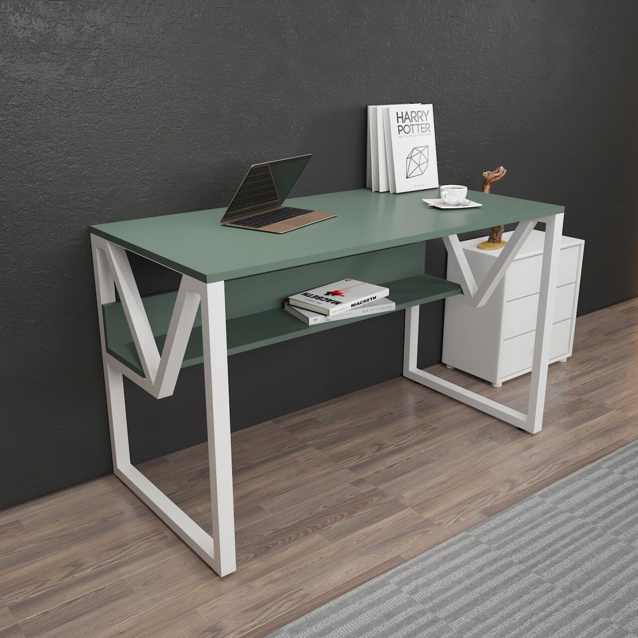 Birou, Hanah Home, Lona, 120x72.8x60 cm, Verde/Alb - imagine 7